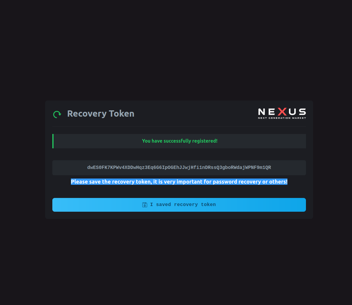 Nexus Market Recovery Token Display - Critical Security Feature for Darknet Platform